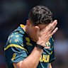 Australia’s Ben Dwarshuis reacts during the shock loss to Zimbabwe at the Twenty20 World Cup.