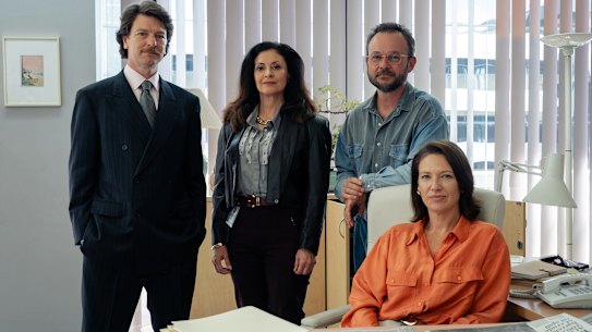 Dan Spielman, Maria Theodorakis, Daniel Henshall, and Anna Torv in The  Newsreader.