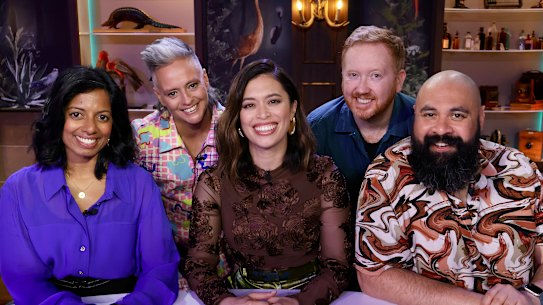 Tonight at the Museum host Alex Lee (middle) with guests Geraldine Hickey, Sashi Perera, Bjorn Stewart and Luke McGregor.