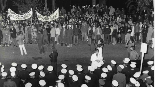 Police and demonstrators outside the Tower Mill Motel during the 1971 Springbok tour protests in Brisbane.