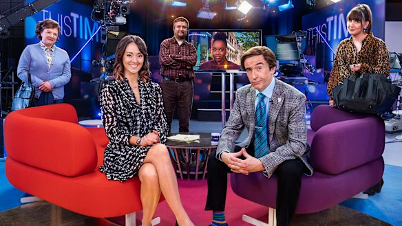 The cast of This Time With Alan Partridge (from left) Lynn (Felicity Montagu), Jennie (Susannah Fielding), Simon (Tim Key), Ruth Duggan (Lolly Adefope), Alan Partridge (Steve Coogan) and Tiff (Natasia Demetriou). 