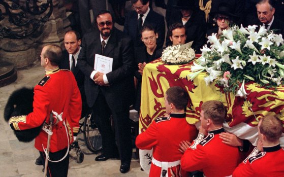 Luciano Pavarotti at the funeral of Diana, Princess of Wales, in Westminster Abbey on September 6, 1997.