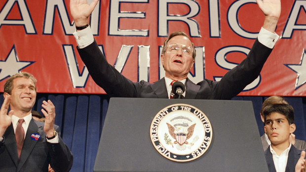 President-elect George H. W. Bush with son George W. Bush (left) and grandson George P. Bush in 1988.