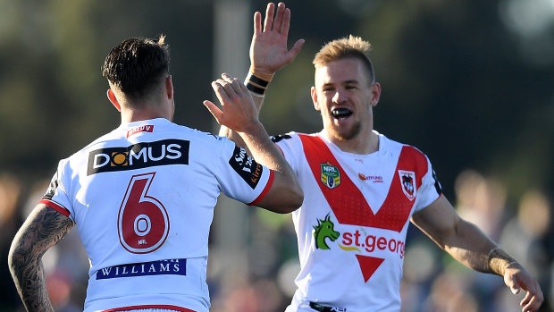 Puff they go: Gareth Widdop and Matt Dufty celebrate on their way to a tough win in Mudgee.