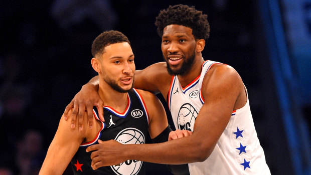 Friendly fire: Team Giannis forward Joel Embiid reacts with Team Lebron guard Ben Simmons and his regular teammate with the Philadelphia 76ers.