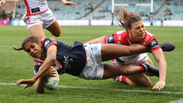 Unstoppable: Taleena Simon pounces once again for the Roosters at Allianz Stadium.