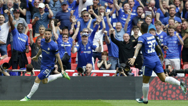 Final countdown: Olivier Giroud celebrates scoring Chelsea's opening goal, helping the side into the FA Cup final.