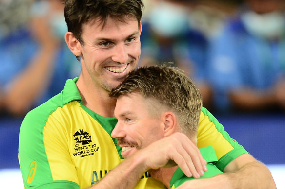 Beaming eyes: Mitch Marsh and David Warner in better times.