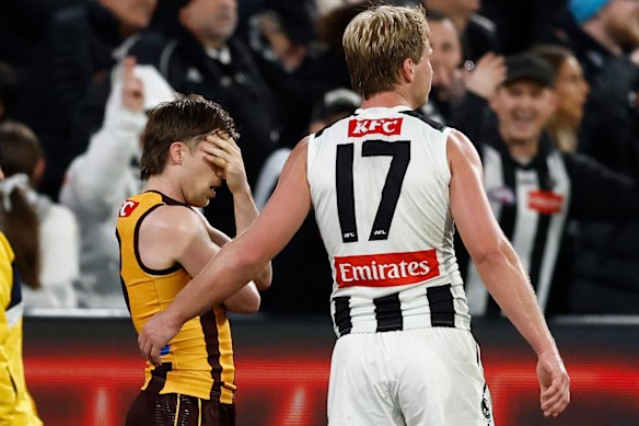 For the second time this season, Dylan Moore had a shot after the siren against the Magpies.
