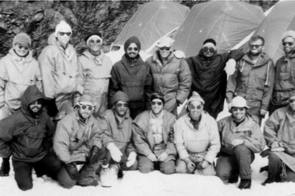 Captain M.S. Kohli (back row, fourth from left) shown with other members of the team tasked with climbing Nanda Devi. Indian climber Sonam Wangyal is third from left in the front row, and Jim McCarthy kneels second from right. 