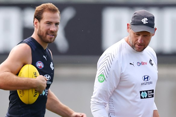 Harry McKay and Josh Fraser at a recent Carlton training session.