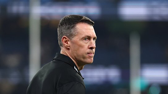 Time to reflect: Collingwood coach Craig McRae directed a comment at Brodie Grundy during the loss to the Sydney Swans.