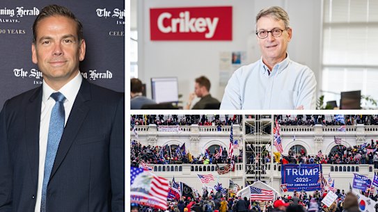 Lachlan Murdoch, Private Media chair Eric Beecher and the US Capitol building on January 6, 2021.