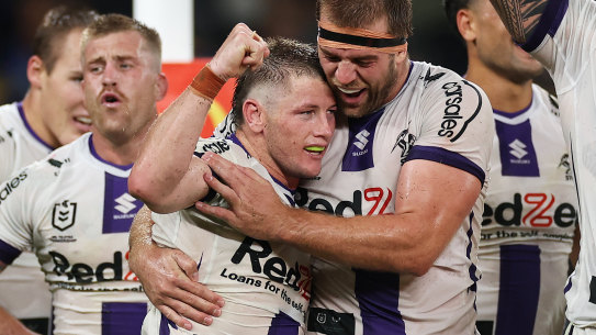 Melbourne hooker Harry Grant scores the golden-point winner against Parramatta in round one last year