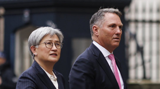 Minister for Foreign Affairs Senator Penny Wong, left, and Deputy Prime Minister and Minister for Defence Richard Marles arrive for the Australia-UK Ministerial Consultations in London, England.