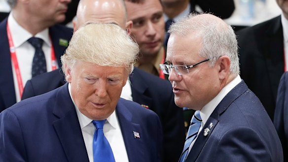 US President Donald Trump and Prime Minister Scott Morrison in discussion during the plenary session at the G20 Summit in Osaka, Japan.
