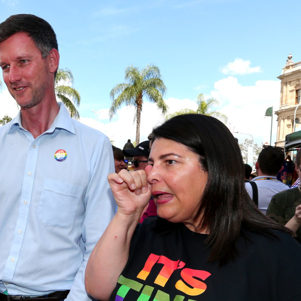 Labor politicians Mark Bailey and Ms Grace are seen after the same-sex marriage vote result announcement in 2017. 