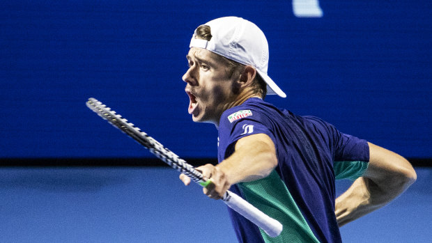 Making a point: Alex De Minaur celebrates during his semi-final against Reilly Opelka of the United States at the Swiss Indoors tennis tournament in Basel, Switzerland.