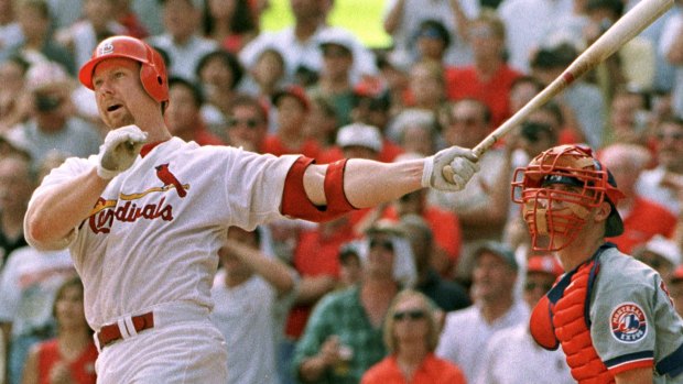 St Louis Cardinals Mark McGwire hits his 70th home run.