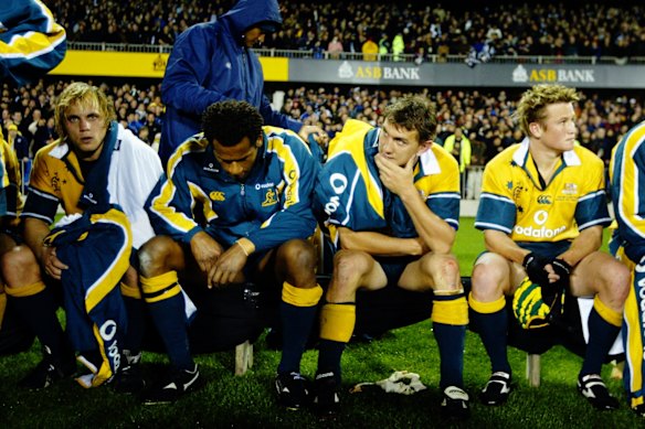 The Wallabies bench after a defeat at Eden Park in 2003.