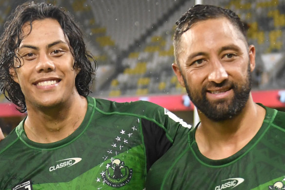 Jarome Luai and Benji Marshall - pictured after the 2021 NRL All Stars - will join forces at Wests Tigers next season.