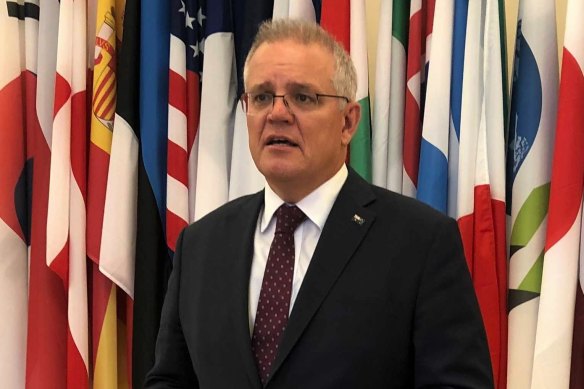 Prime Minister Scott Morrison speaks at the OECD in Paris on Thursday.