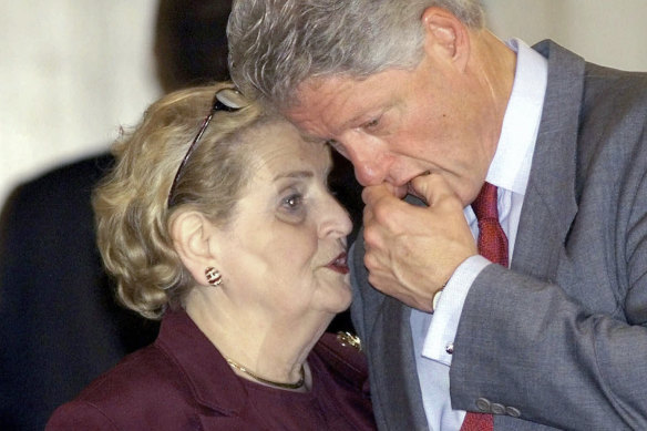 In 2000,  then president Bill Clinton confers with his secretary of state Madeleine Albright.