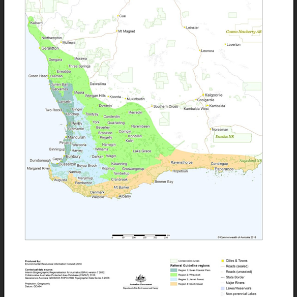 The range of the three black cockatoo species endemic to Western Australia.