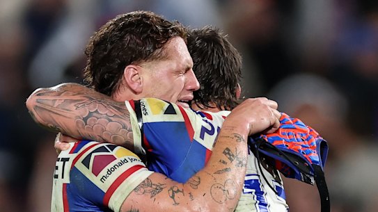 The tears flow for Kalyn Ponga and Dylan Lucas as they celebrate Newcastle’s unlikely victory.