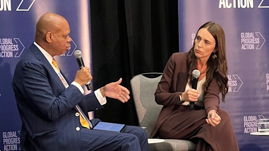 Former New Zealand prime minister Jacinda Ardern speaking on the sidelines of the Democratic National Convention in Chicago.