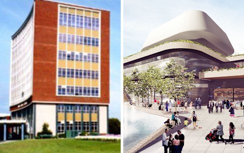 Composite - SHD NEWS May 17, 2020. Andrew Taylor story: Ryde Civic Centre demolition and development - artist impressions. Supplied - Ryde Civic Centre circa 1960’s. The centre is being demolished. Photo: Supplied