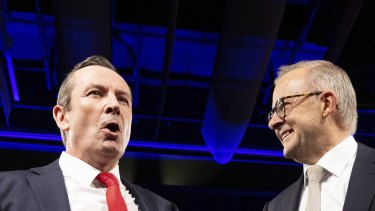 WA Premier Mark McGowan and Opposition Leader Anthony Albanese during the Labor Party campaign launch at Optus Stadium in Perth.