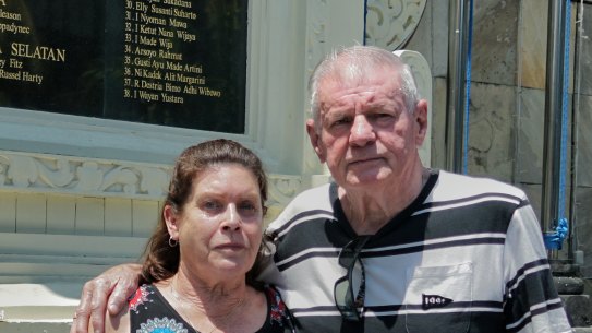 Danny Hanley and Jenni Hanley brought flowers to bomb Bali monument to remember their daughters who were among the 88 victims from Australia. 
