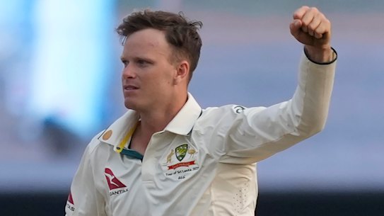 Matt Kuhnemann celebrates the wicket of Prabath Jayasuriya during the second Test of the Warne-Muralitharan Trophy in Sri Lanka.