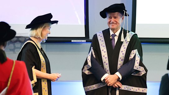 Bill Shorten, the new vice chancellor of the University of Canberra, with chancellor Lisa Paul during his investiture.