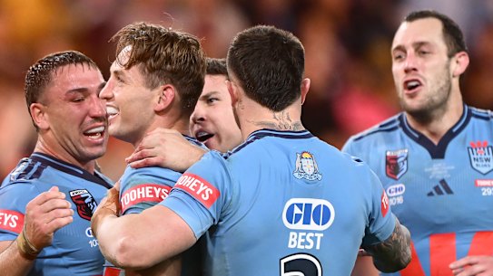 Cameron Murray celebrates his try at Origin III.