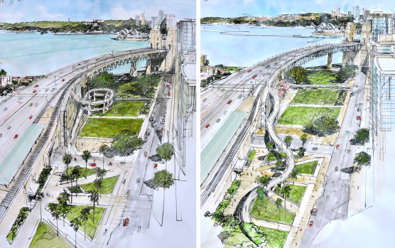 The two options for northern access to the Harbour Bridge under consideration by the state government.