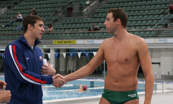 Michael Phelps and Grant Hackett poolside during training for the Duel in the Pool, held in Sydney in 2007.
