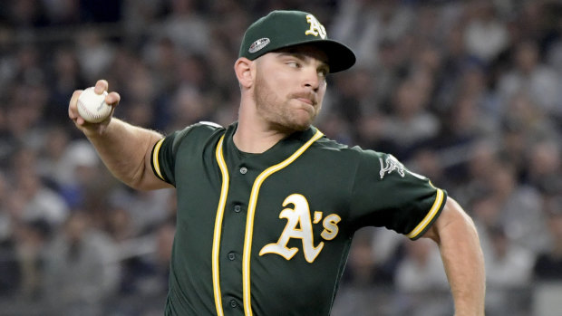'Whirlwind': Oakland's Australian pitcher Liam Hendriks on the mound against the Yankees.