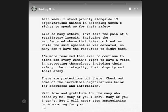 Blake Lively’s post responding to the dismissal of Justin Baldoni’s countersuit against her.
