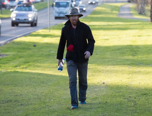 Beau Miles walking 90 kilometres from Jindivick to his then workplace at Monash University in Clayton in 2014 – one of his “backyard adventures”.