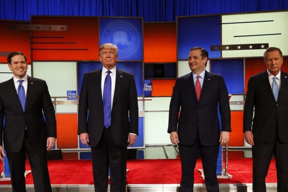 Then presidential candidates Senator Marco Rubio, Donald Trump, Senator Ted Cruz and Ohio Governor John Kasich take the stage before a Republican presidential primary in 2016.