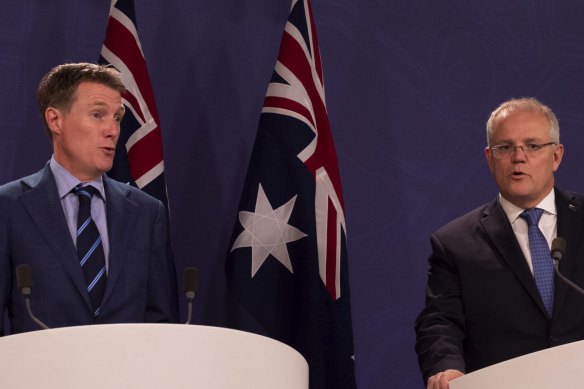 Prime Minister Scott Morrison, right, and Attorney-General Christian Porter announce the updated draft to the religious discrimination bill. 