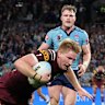 SYDNEY, AUSTRALIA - JULY 09: Tom Dearden of the Maroons scores a try during game three of the Men’s State Of Origin series between New South Wales Blues and Queensland Maroons at Accor Stadium on July 09, 2025 in Sydney, Australia. (Photo by Cameron Spencer/Getty Images)