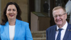 Securing his Queensland Olympic plan after 36 years: AOC president John Coates with Premier Annastacia Palaszczuk on Thursday. 