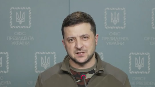 In this image from video provided by the Ukrainian Presidential Press Office, Ukrainian President Volodymyr Zelenskyy speaks in Kyiv, Ukraine, Sunday, March 6, 2022. (Ukrainian Presidential Press Office via AP)