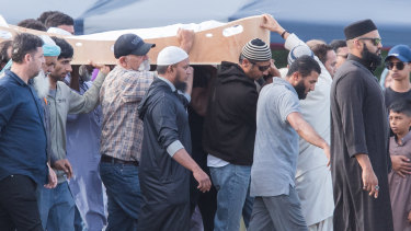 The funeral for one of 50 victims of the mosque shootings at Memorial Park Cemetery in Christchurch.