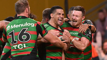 Cody Walker celebrates a try against Manly last week.