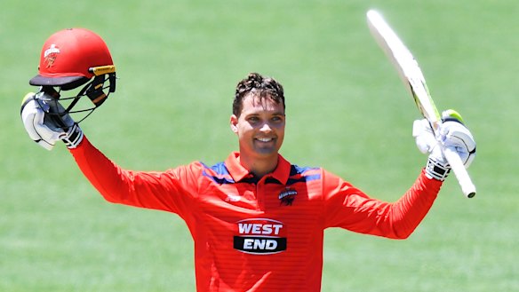 Alex Carey celebrates his century on Sunday for South Australia. 