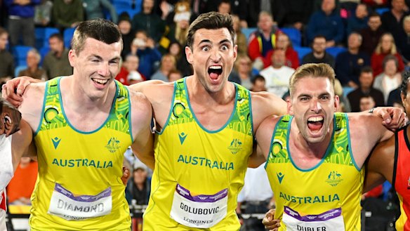 Alec Diamond, Daniel Golubovic and Cedric Dubler after the decathlon. 